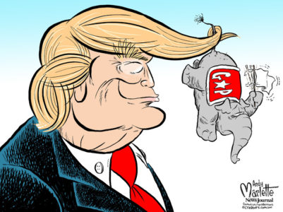 La preocupación del Partido Republicano por el imparable Trump se ha expresado en decenas de caricaturas, como por ejemplo esta del caricaturista Andy Marlette para el News Journal, de Pensacola, Florida.